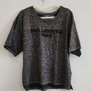 Karl Lagerfeld Black and Gold Textured Sweater Tee, Size L